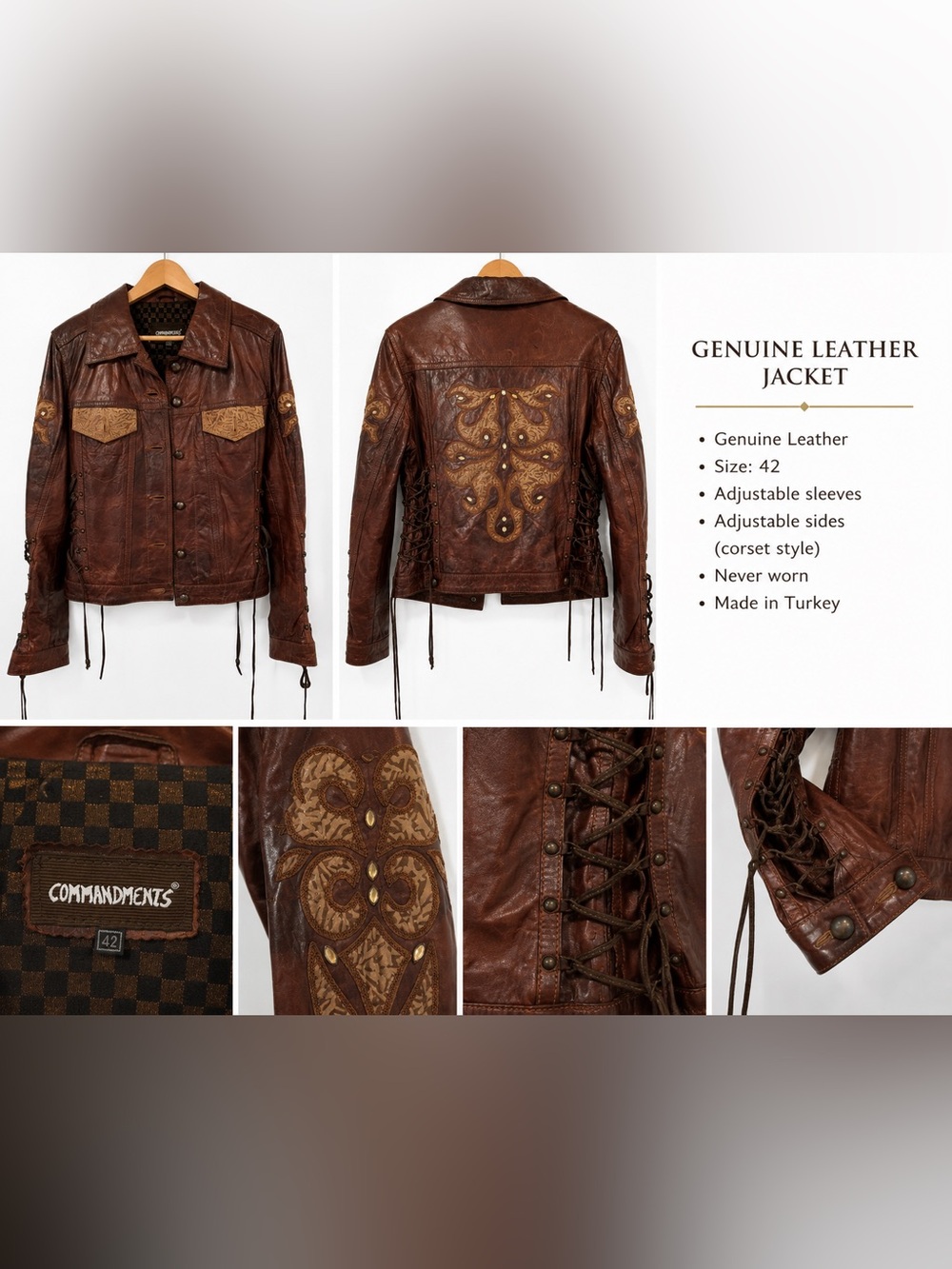 Rare Genuine Leather Corset Lace-Up Jacket Made in Turkey Brown Boho Western